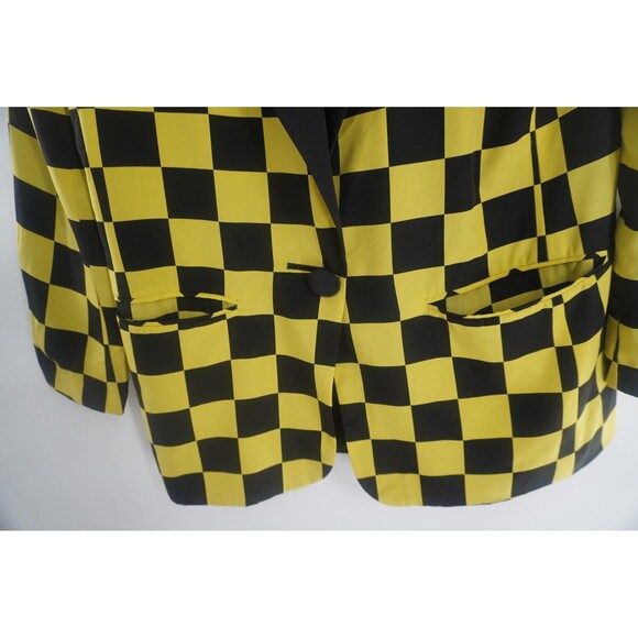 Plymouth Black & Yellow Checkered Statement Tailored Vintage Silk Blazer Size 8 - Picture 4 of 12
